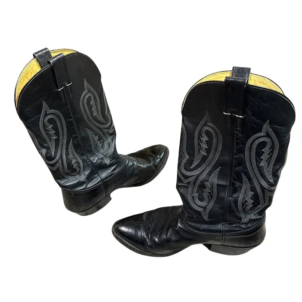 Vtg 90s NOCONA Black Men's 9 100% Leather Cowboy Boots western flame stitch USA